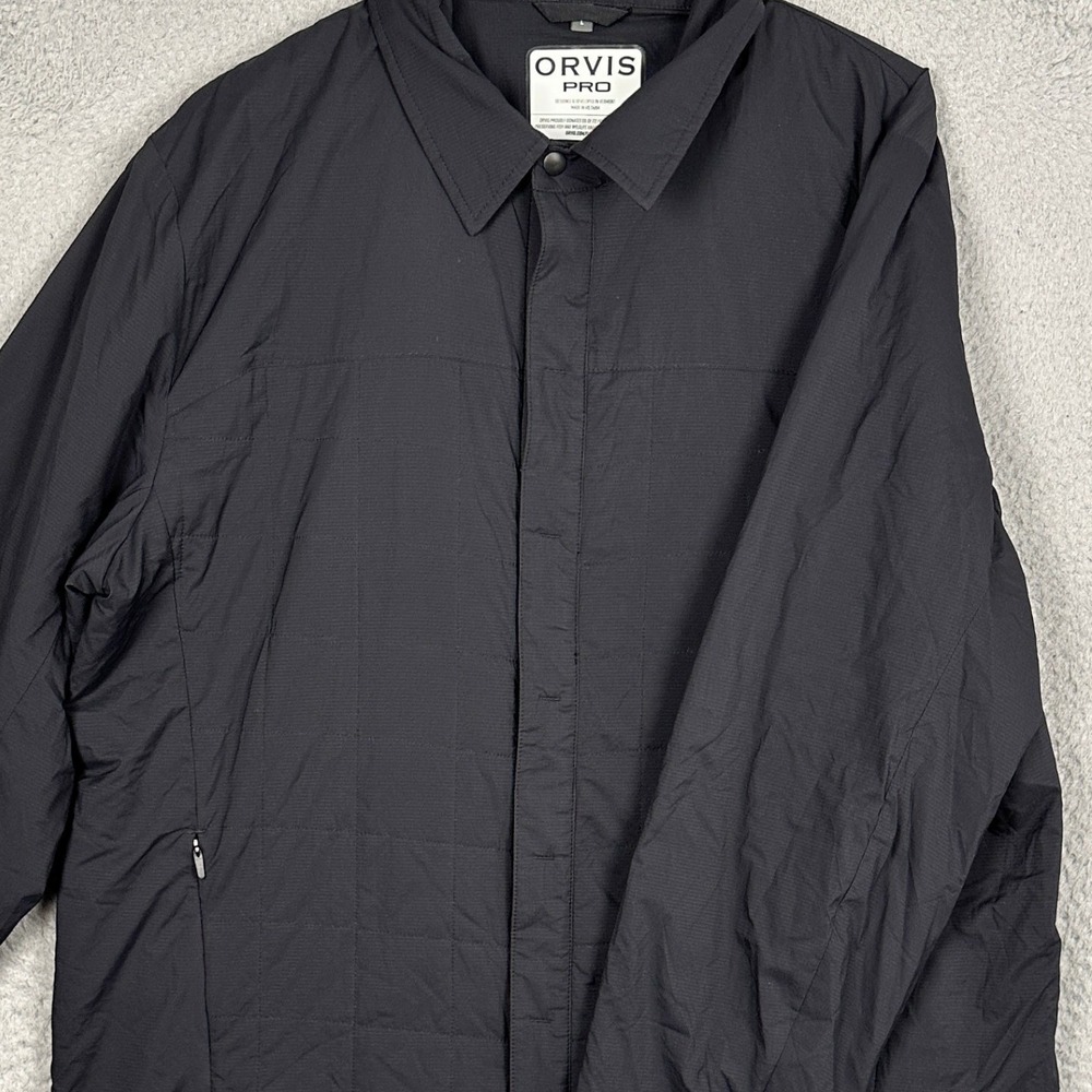 Orvis Jacket Shirt Mens Large PRO Insulated Black Snap Nylon Lightweight EUC